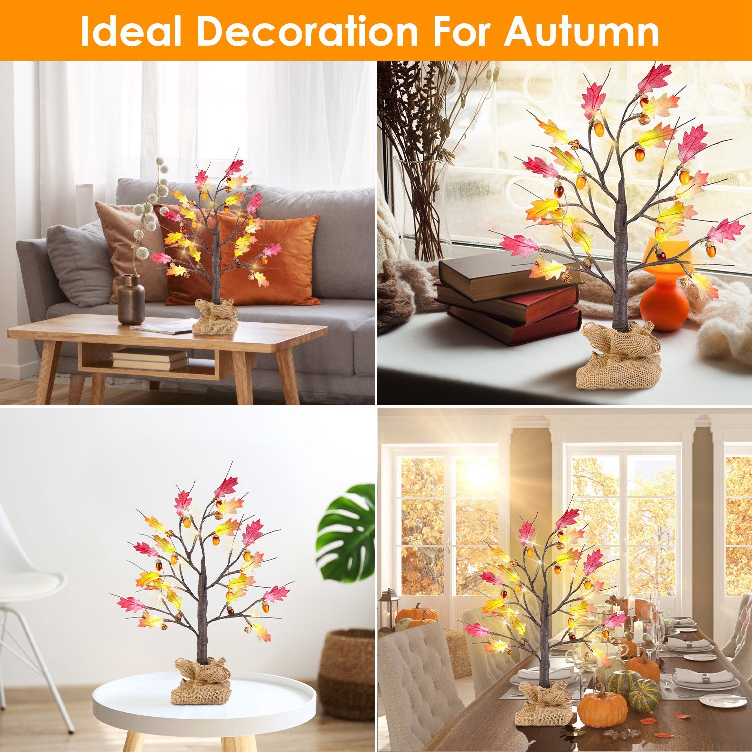 2x 24″ Artificial Lighted Maple Tree Warm White Fall Decorations Indoor Ourdoor