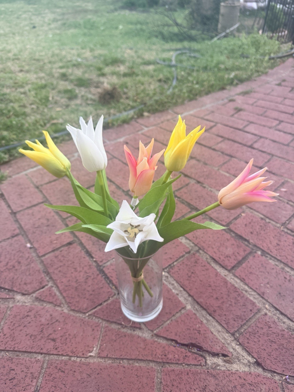 Bundle of 6 Lily Flower Tulips, Peach Yellow and White Artificial Flowers