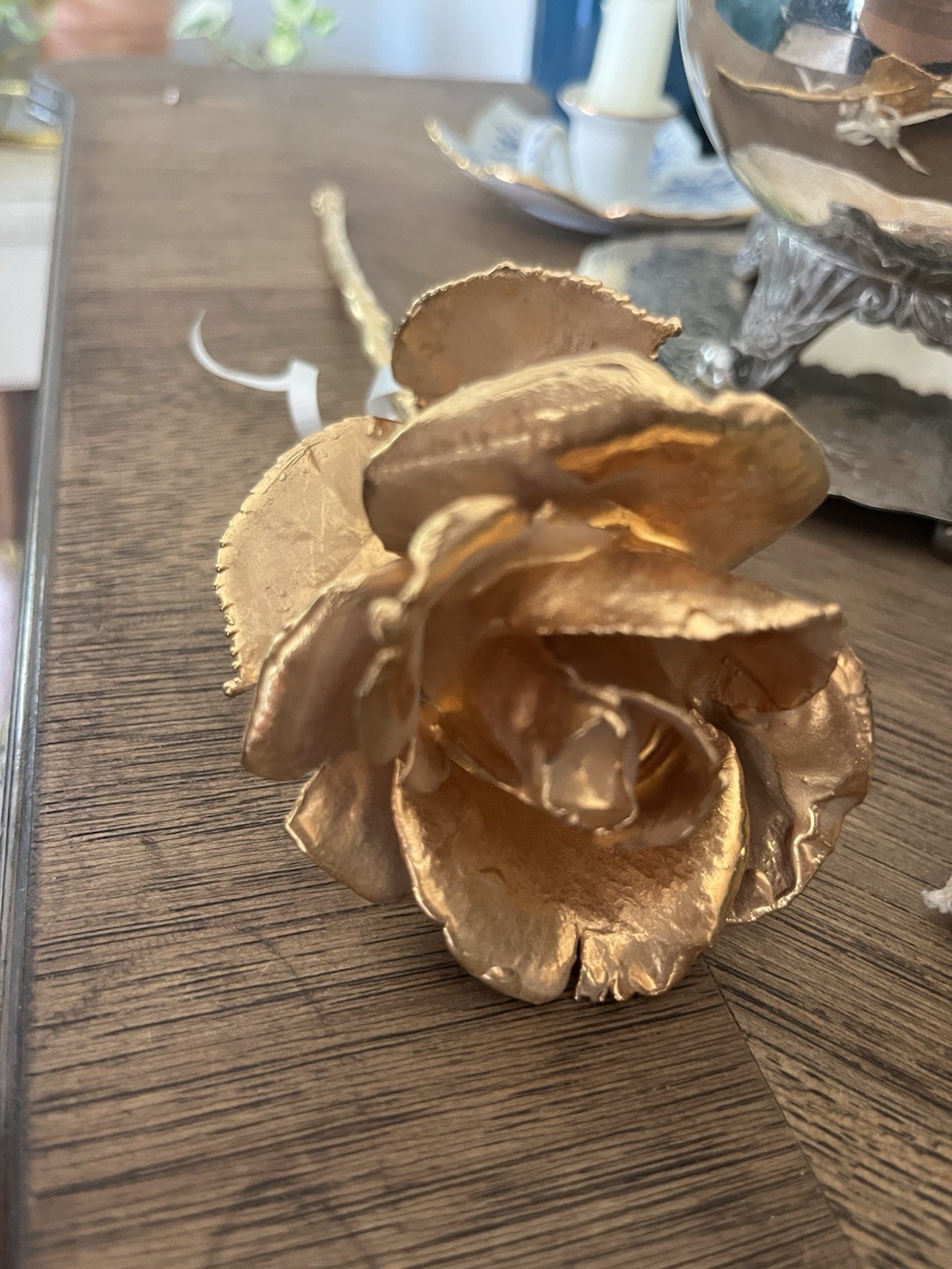 Real Rose Stem Dipped in 24K Gold Finish Metal Floral Décor, Gold Color