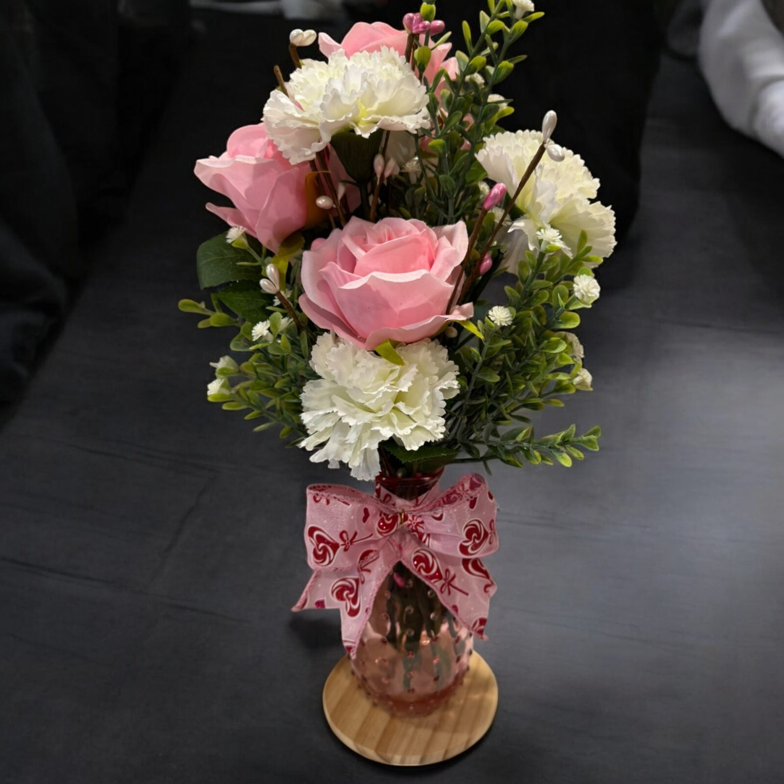 Pink Rose Carnation Hobnail Bud Vase Flower Arrangement Valentine’s Day