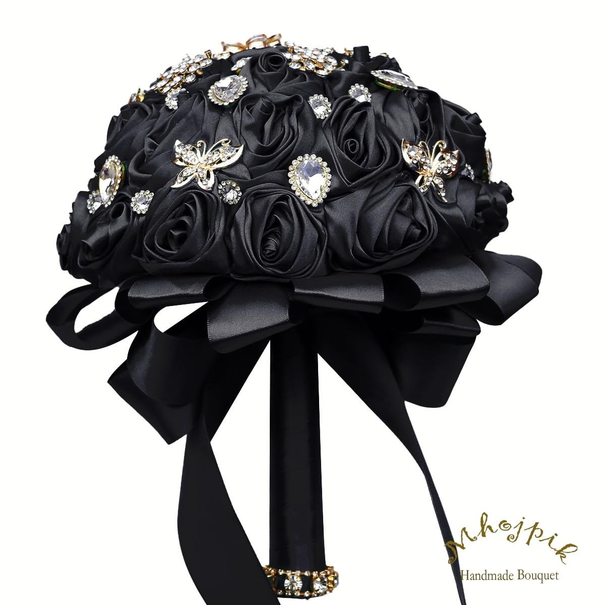 7.5 Inch Black Bridal Wedding Bouquet Round Bling Brooch Artificial Rose Toss