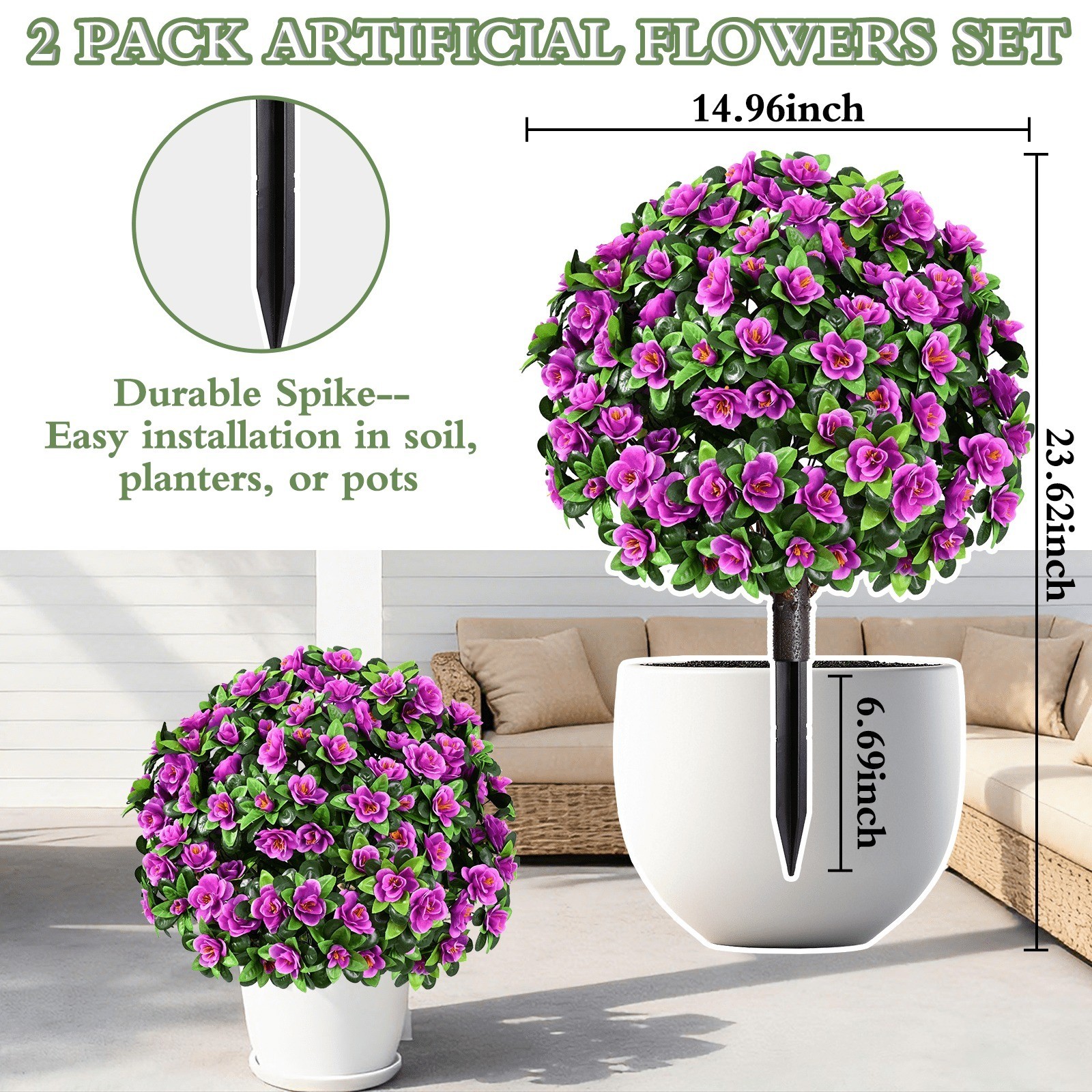 2 Pack Artificial Topiary Ball Trees UV Resistant Fake Shrubs For Outdoor Decor