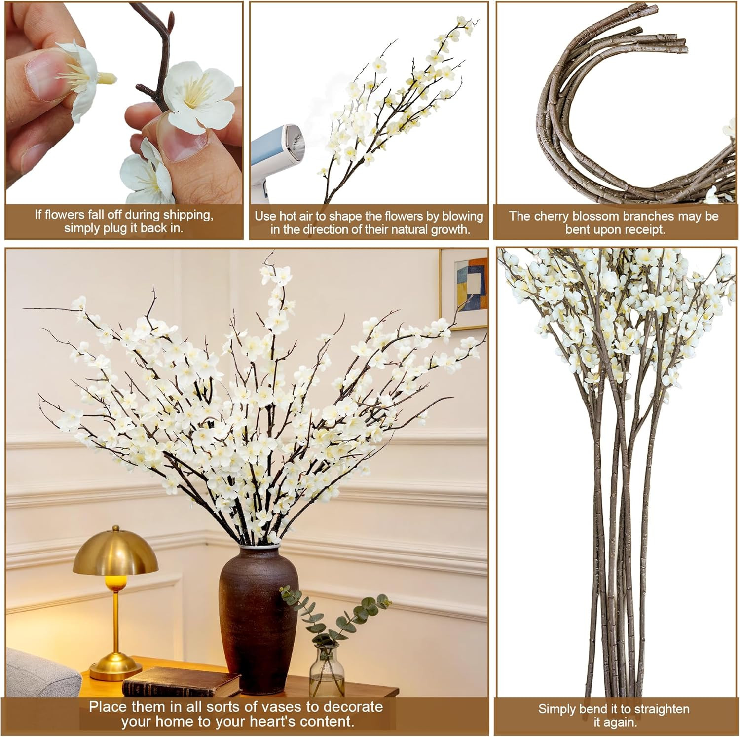 Cherry Blossom Branches Decor 39Inch 6Pc Artificial Flower Indoor Realistic | Wh