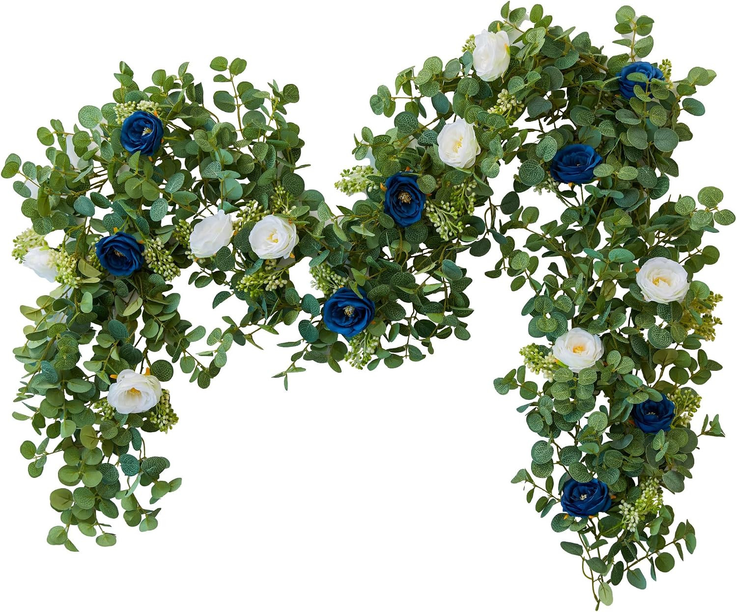 2Pcs 6.56Ft Eucalyptus Garland with Flowers-8 White Roses, Artificial Fake Flowe
