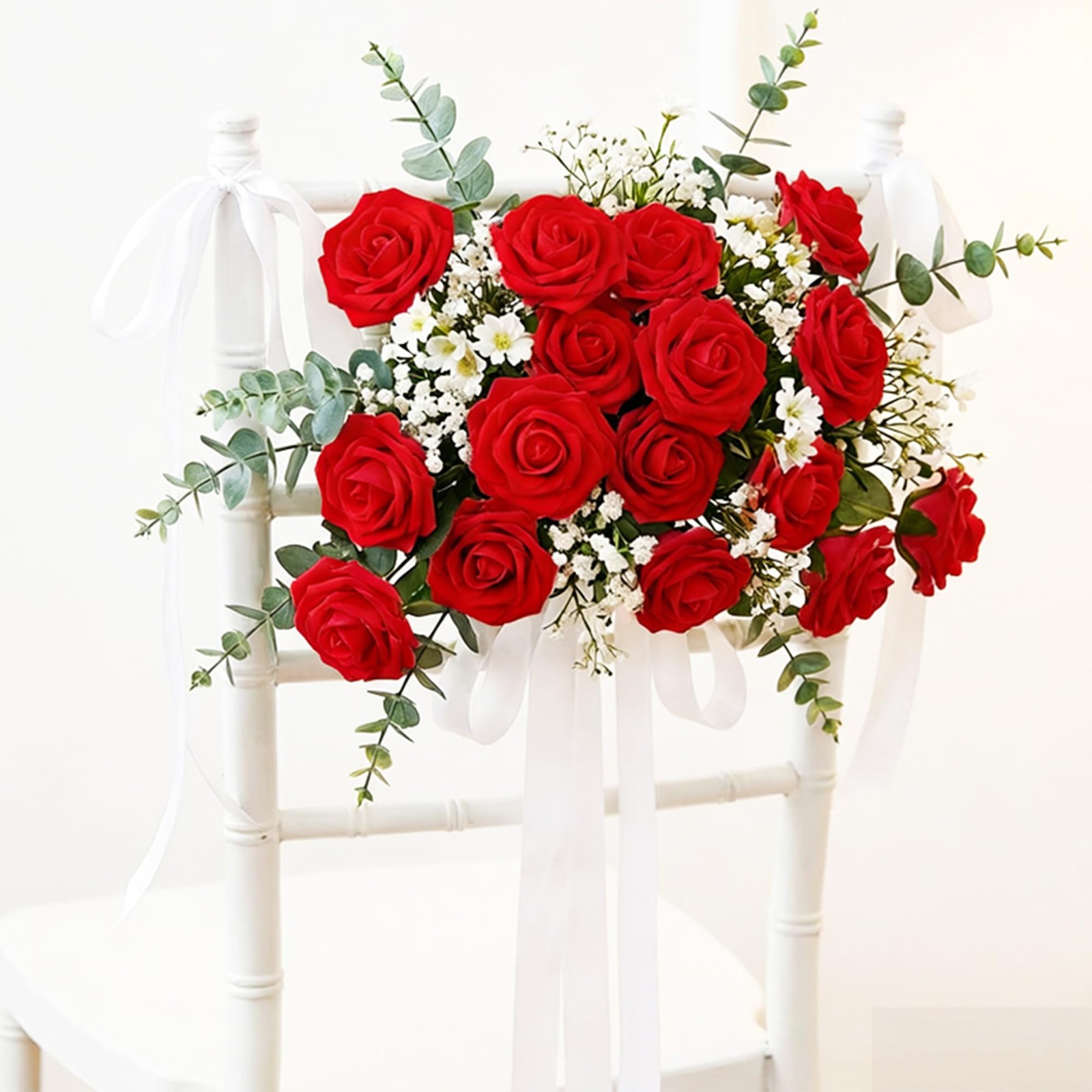 50Pcs Real Looking Bright Red Artificial Rose Flower Heads, Foam Fake Roses f…