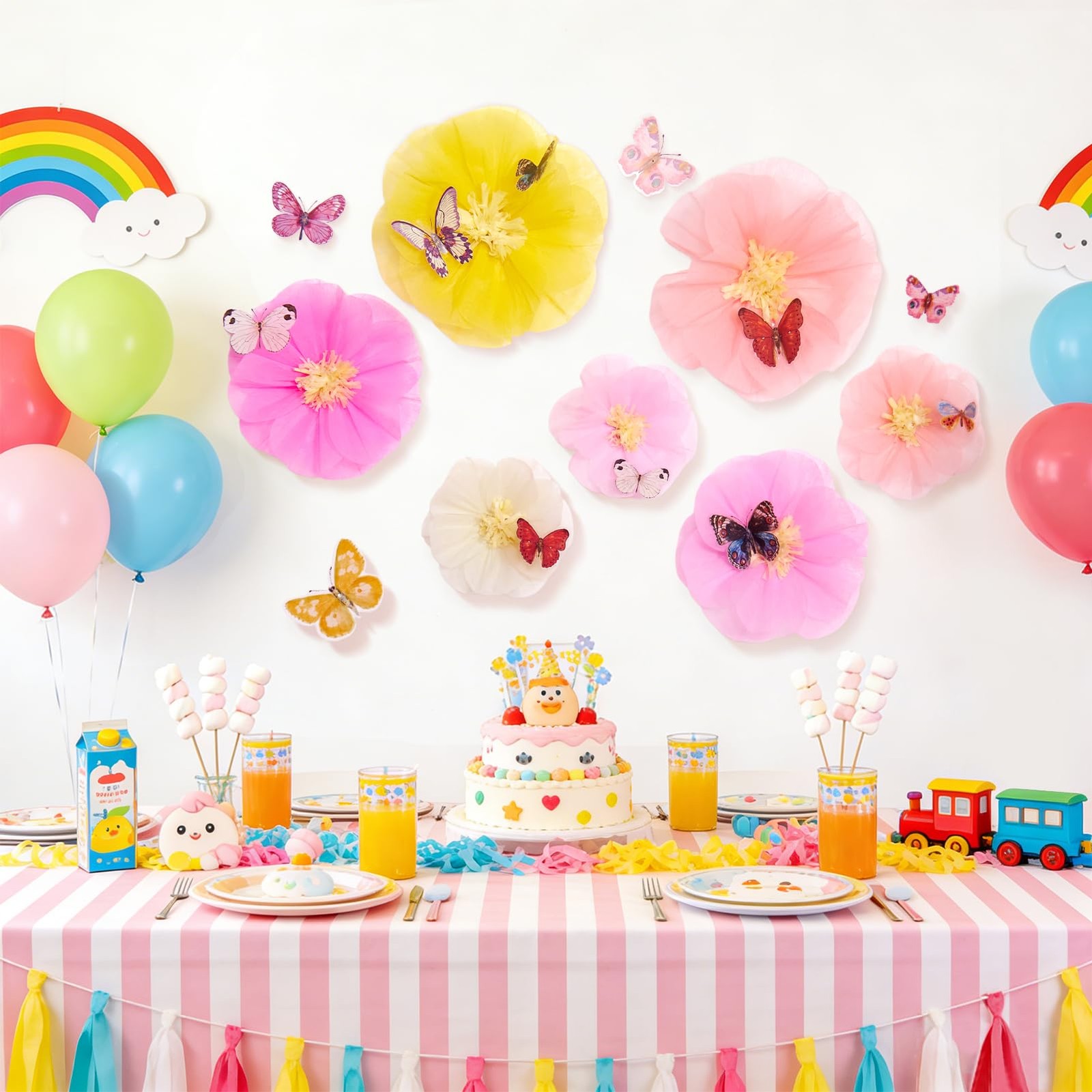 Large Paper Flower Decorations with 3D Butterfly Stickers Pink Yellow Giant T…