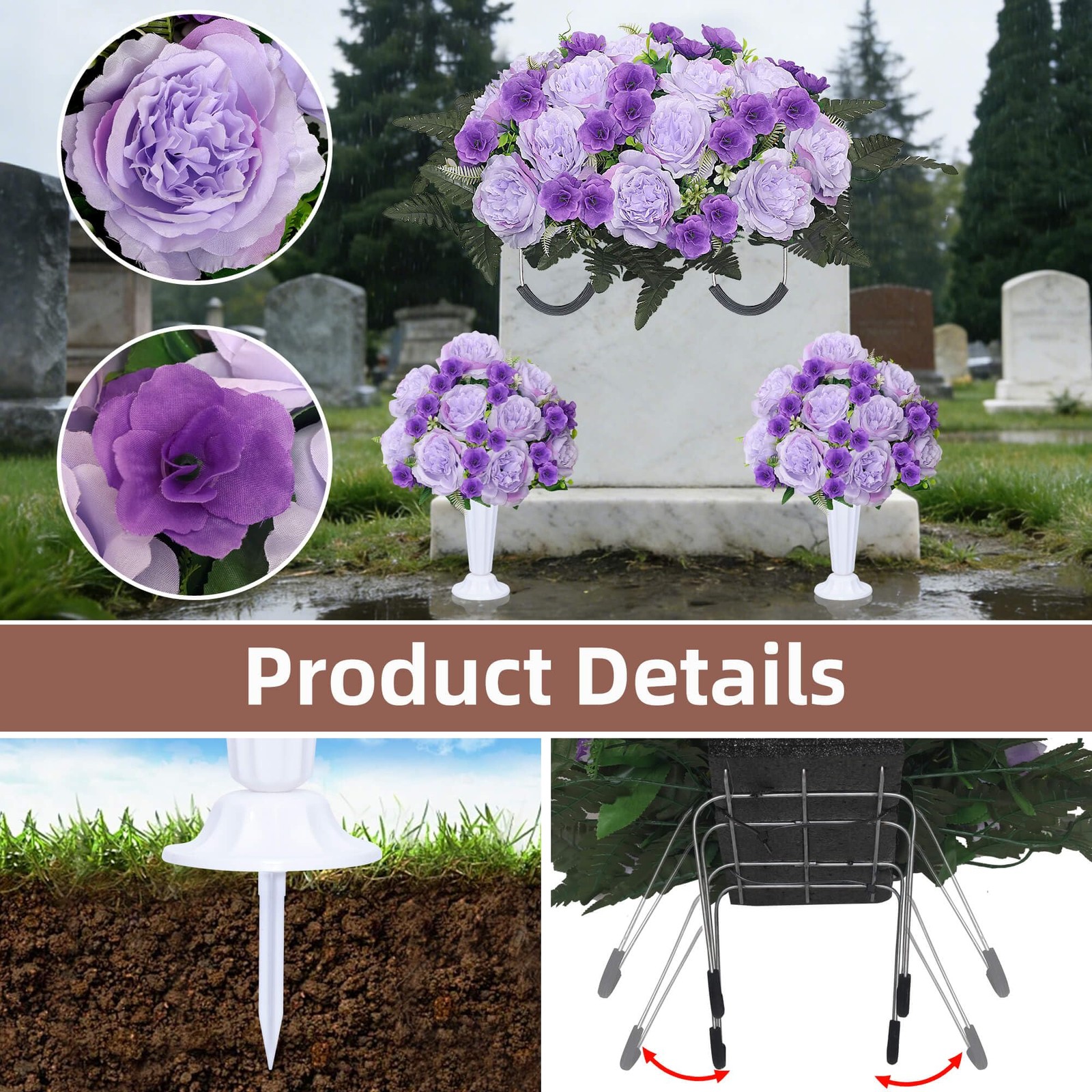 Grave Decorations for Cemetery Headstone Flower Saddle 2PC Artificial Peony F