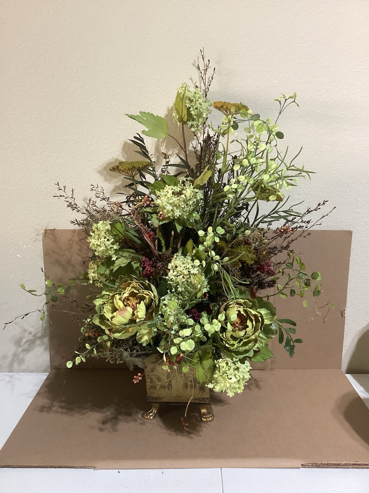 HUGE Artificial Faux Flowers TOLE Vase Silk Flower Arrangement Table Centerpiece