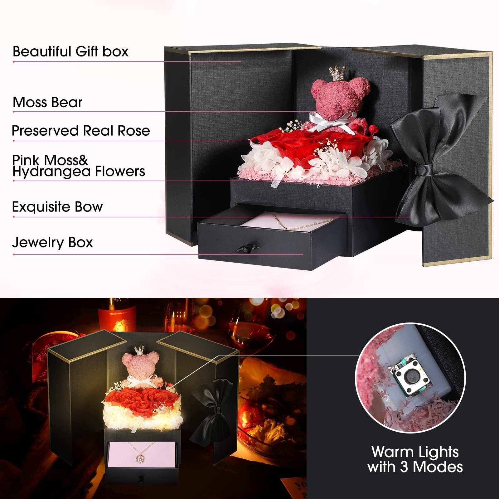 Cute Preserved Real Roses Bear Gift Box for Red and Pink