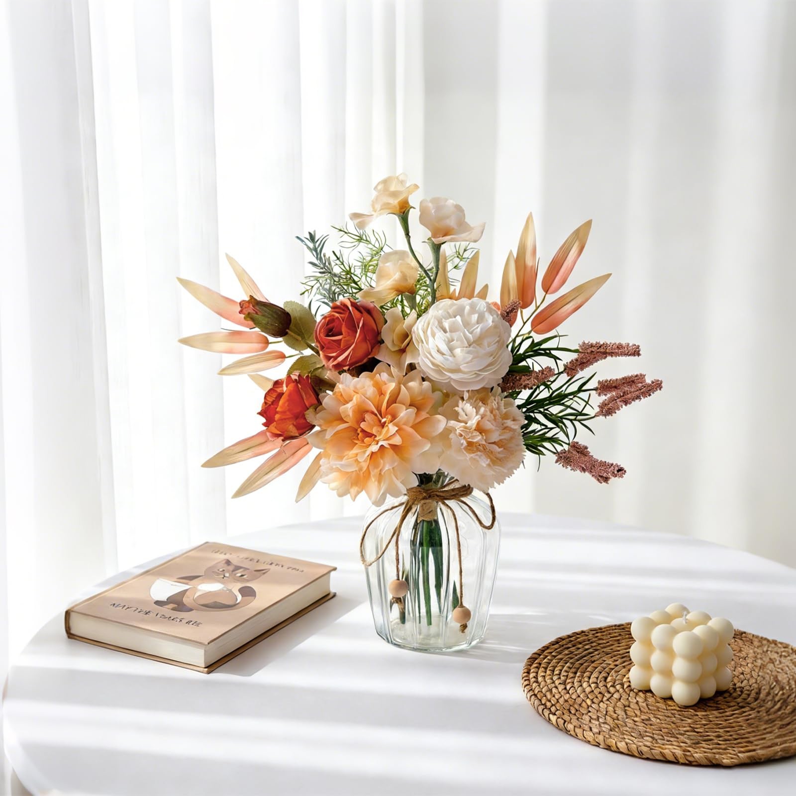 Artificial Faux Flower Arrangement Glass Vase Silk Floral Home Office Decor