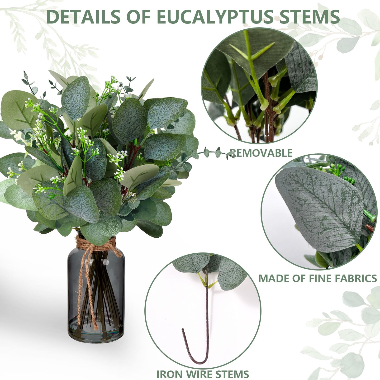 60 Pcs 3 Kinds Mixed Artificial Eucalyptus Leaves Stems, Fake Silver Dollar E…