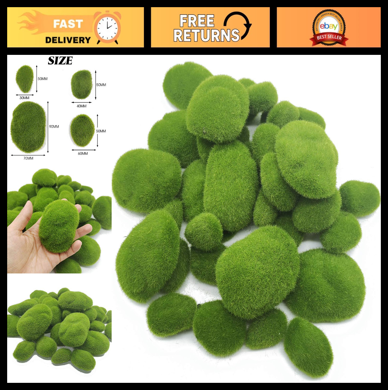 40PCS Artificial Moss Rocks – Green Decor for Floral Arrangements, Fairy Gardens