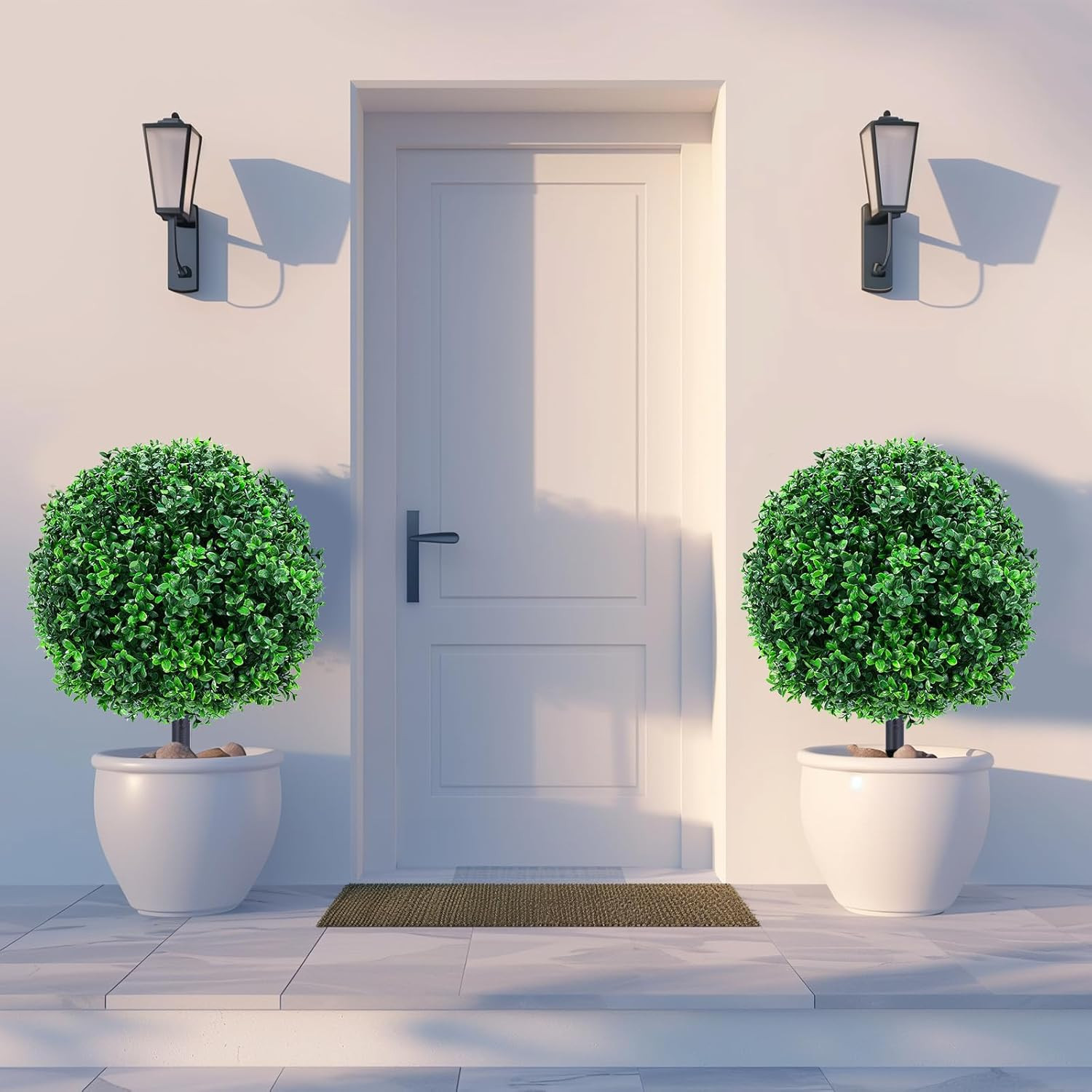 Artificial Boxwood Topiary Ball Trees with Ground Spikes UV Resistant Faux Green