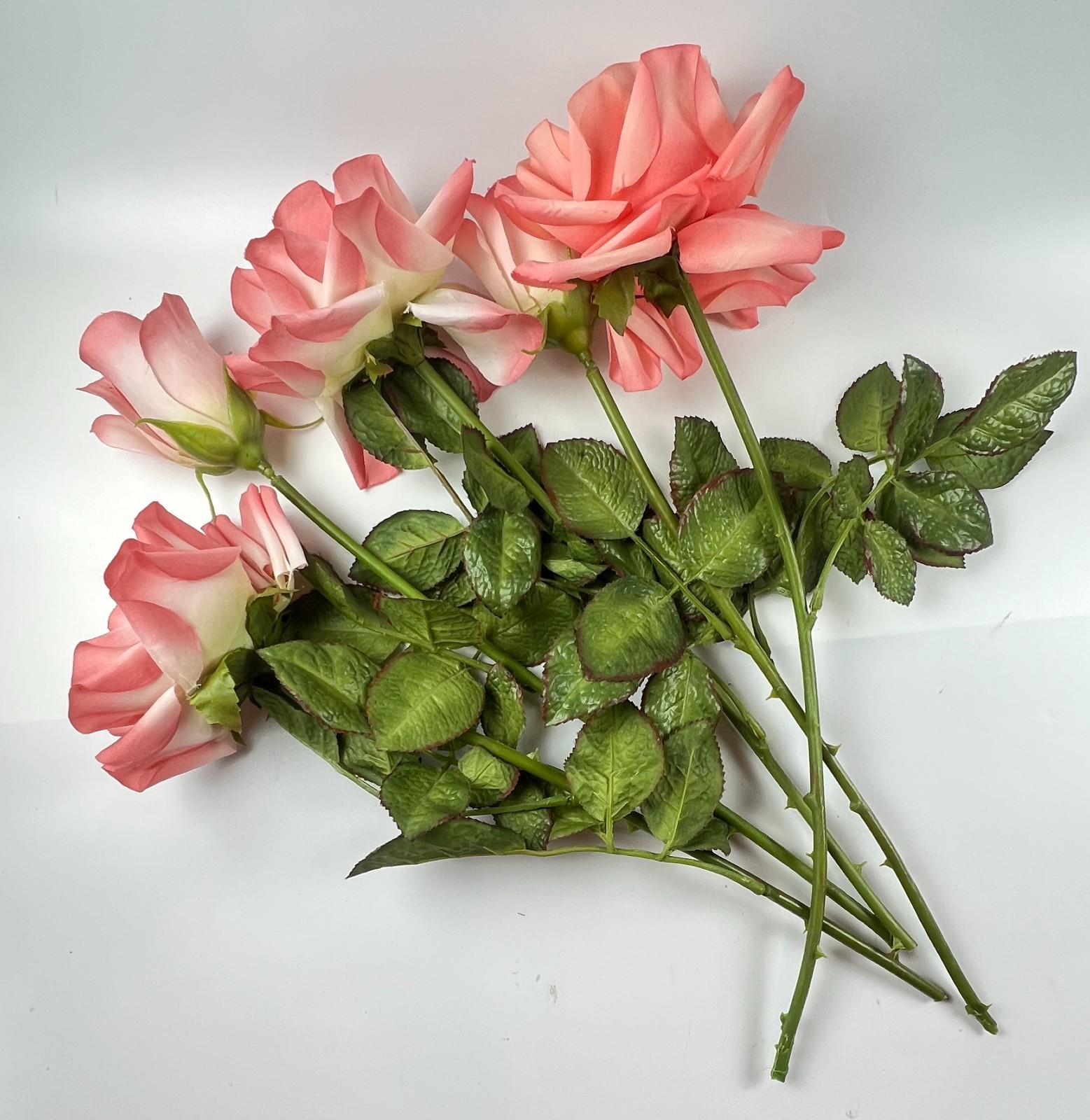 5 True VINTAGE long stem silk roses pink peach cream ombre thorn faux artificial