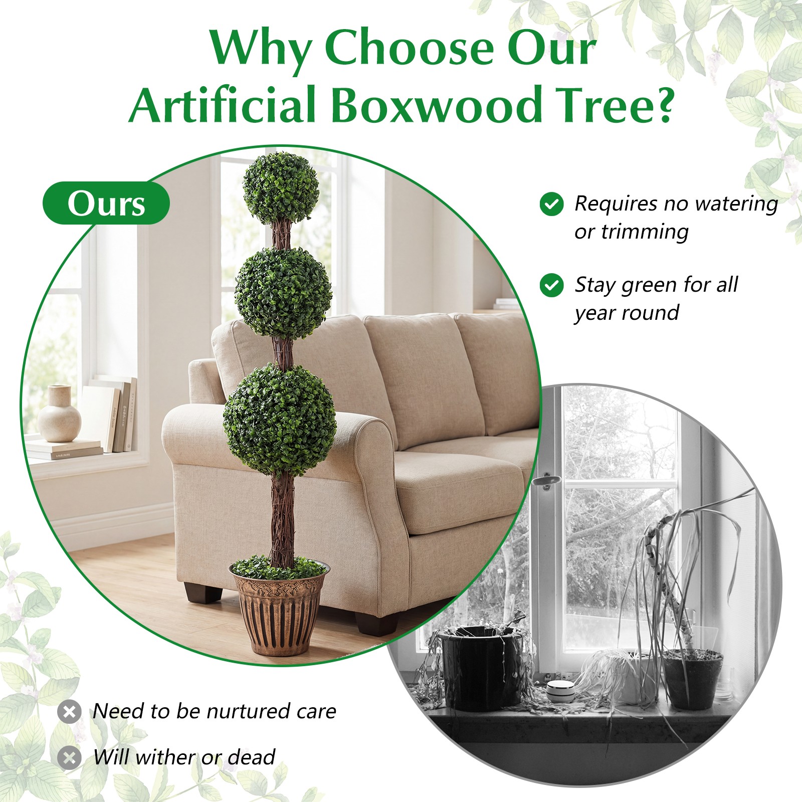 2PCS Artificial Triple Ball Boxwood Tree, Fake Topiary Tree w/ Retro Planter