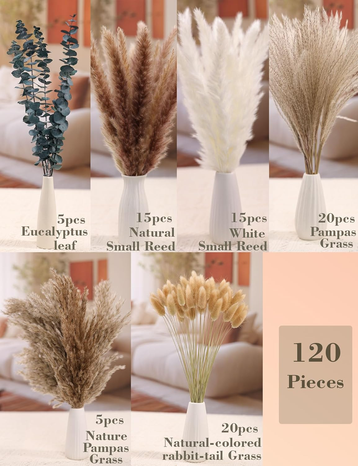 120 PCS Dried Pampas Grass, Dried Flowers, Reed Grass Bouquet for Bohemian Fl…