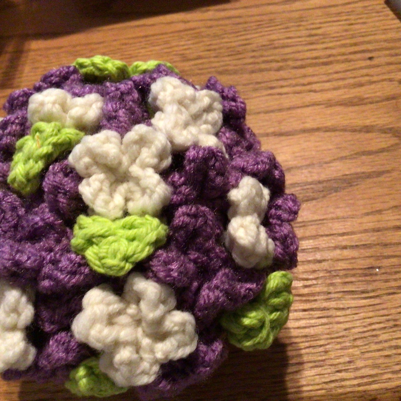 Crochet Bouquet in Yarn Vase, Handmade Floral, Purple, white, green, brown