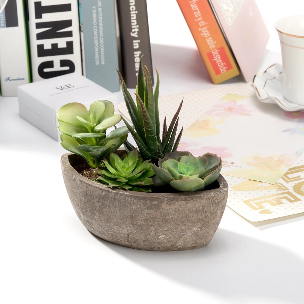 Faux Plant with a Boat Shape Gray Paper Pulp Pot 6.3L x 3.5W x 5.7H inches