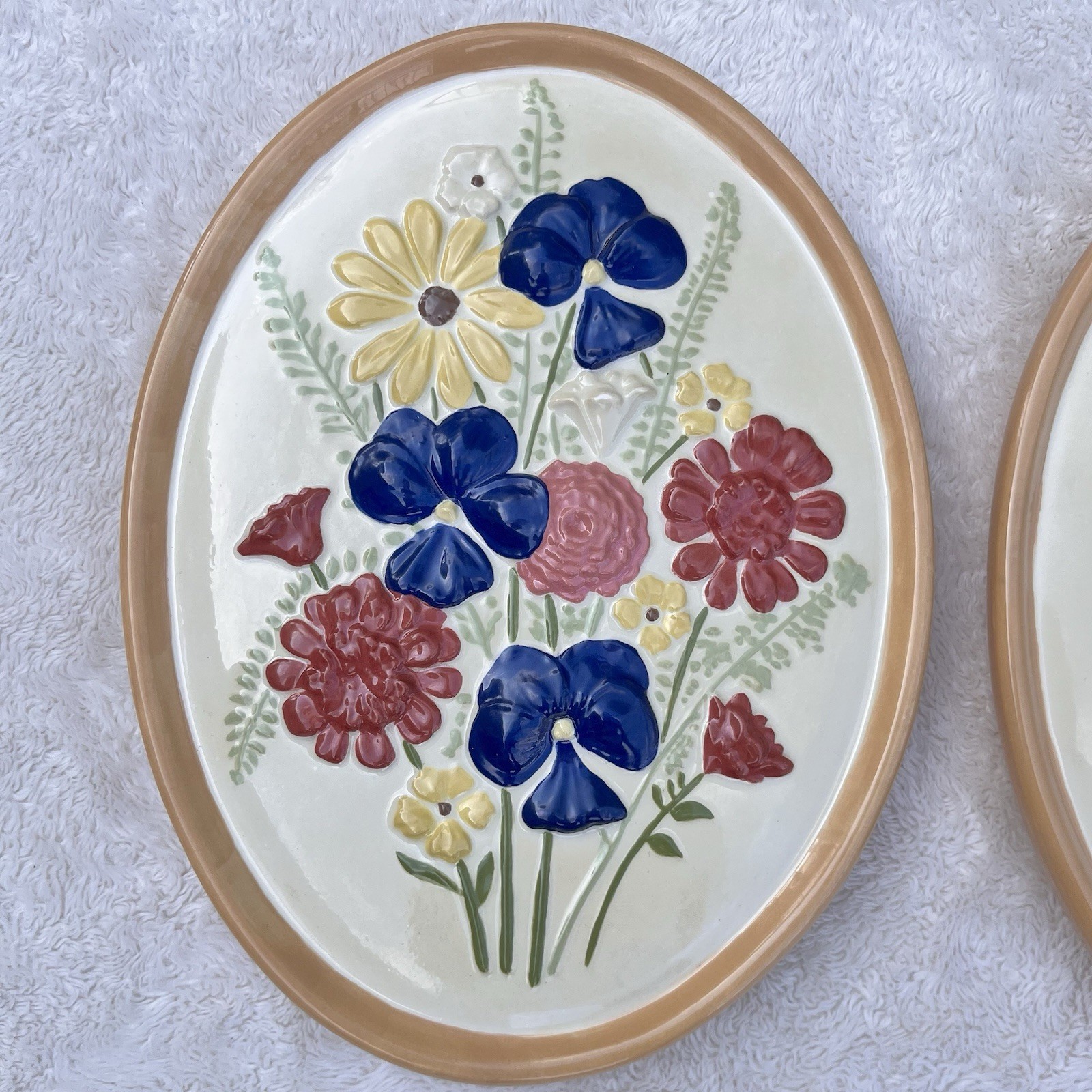 Vtg 1970s Atlantic Mold 3D Floral Wall Art Ceramic Cottagecore Blue Pink Yellow