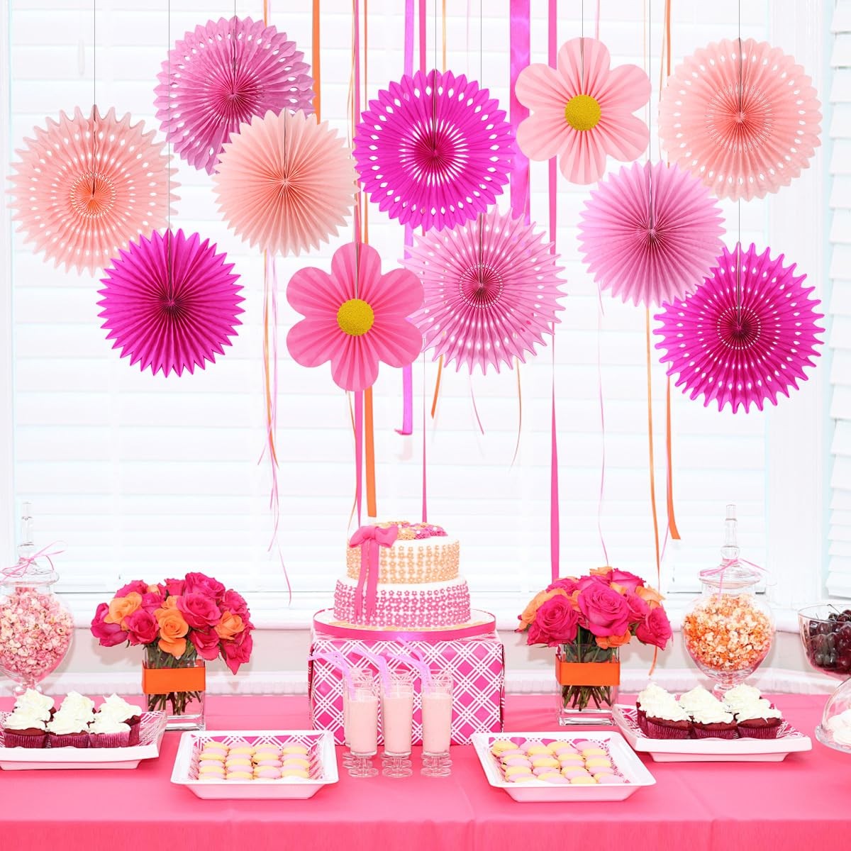 11 PCS Pink Paper Fans Flowers Wall Decor Floral Backdrop Baby Shower Party