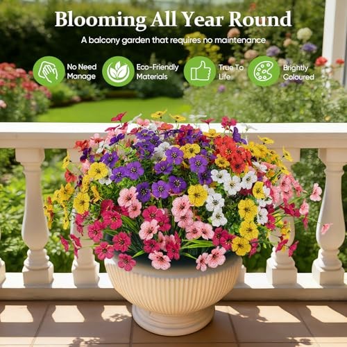 24 Bundles Lifelike Outdoor Artificial Flowers, UV Protected No 6 Color Mix