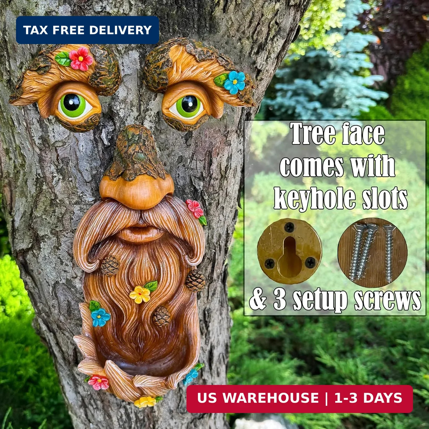 Tree Face Decor with Flowers Outdoor Old Man Face Garden Hugger Yard Statue