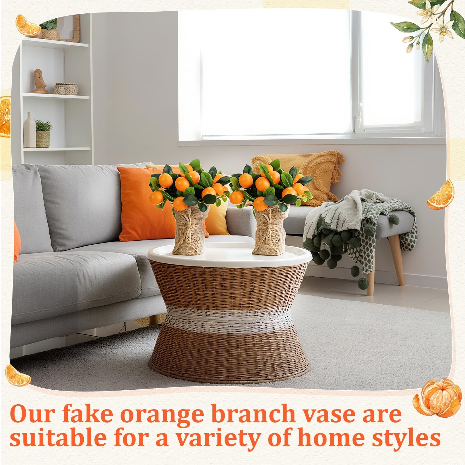 2 PK Artificial Orange Potted Plants 9.45 Inch Fake Tree Realistic Fruit Pot