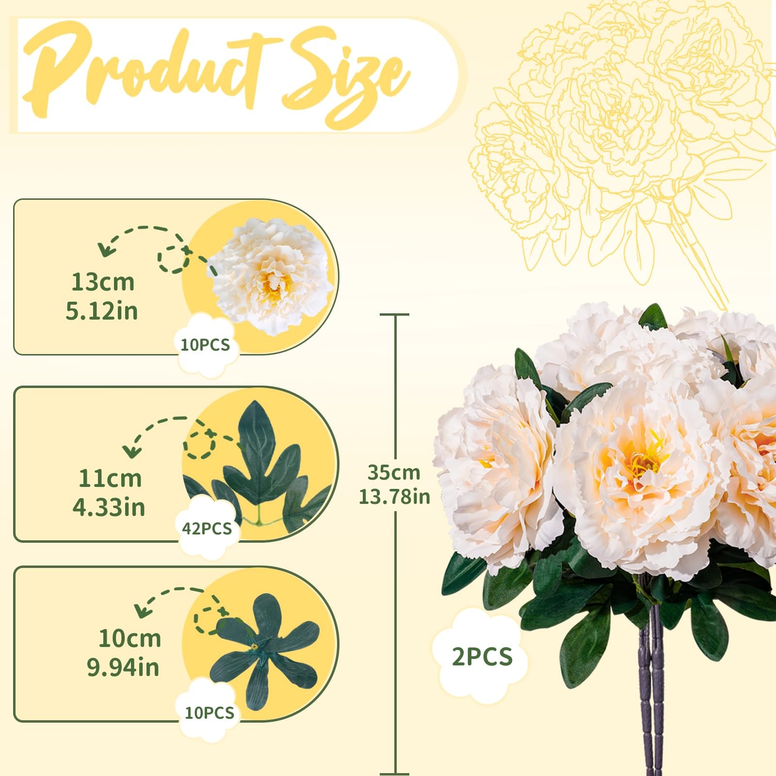Light Champagne Premium Silk Artificial Peonies, 2 Bouquets (10 Large 5.12″ H…