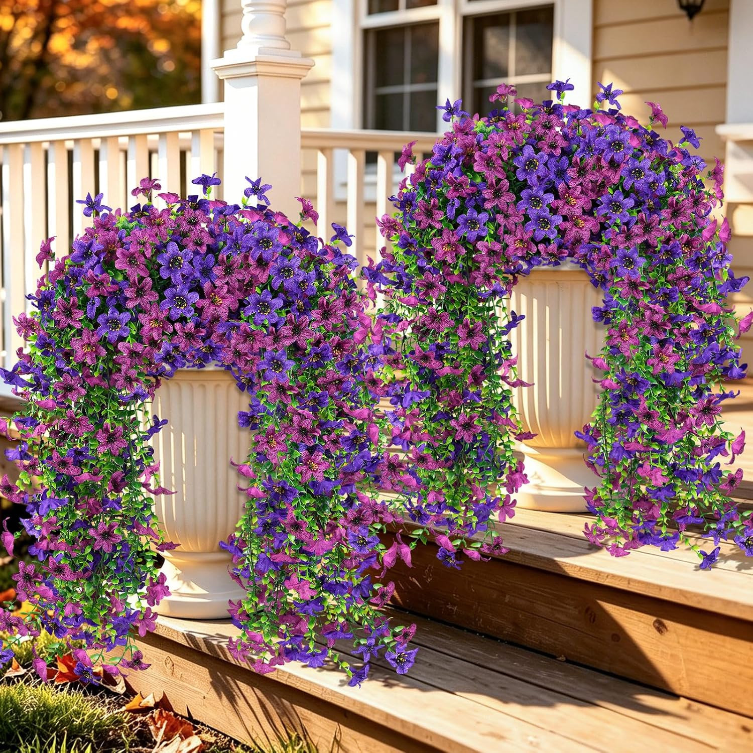 UV Resistant Artificial Hanging Mums – 4 PCS Double Purple Faux Flowers