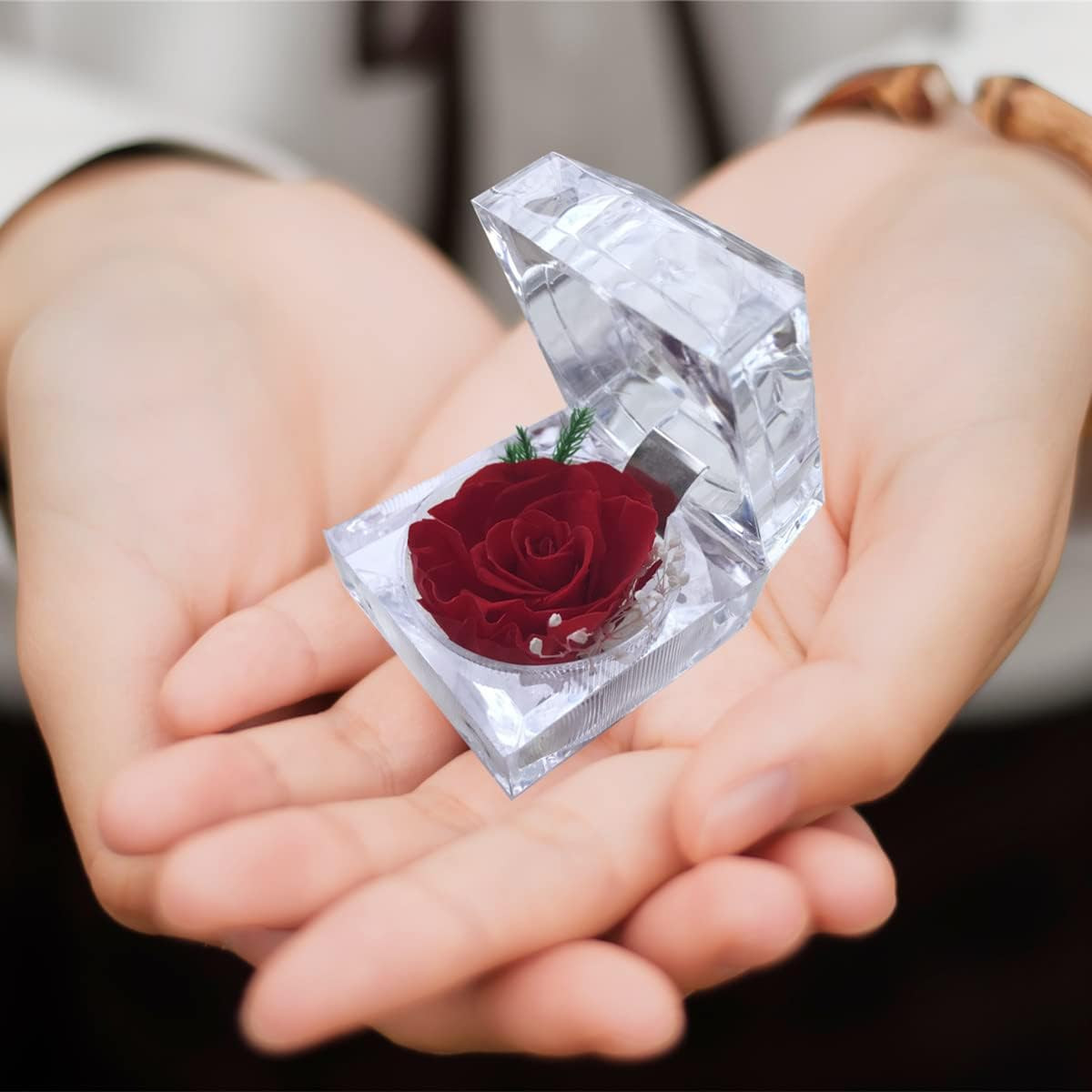 Preserved Rose Real Forever Rose in Mini Clear Ring Box, Eternal Flower Rose