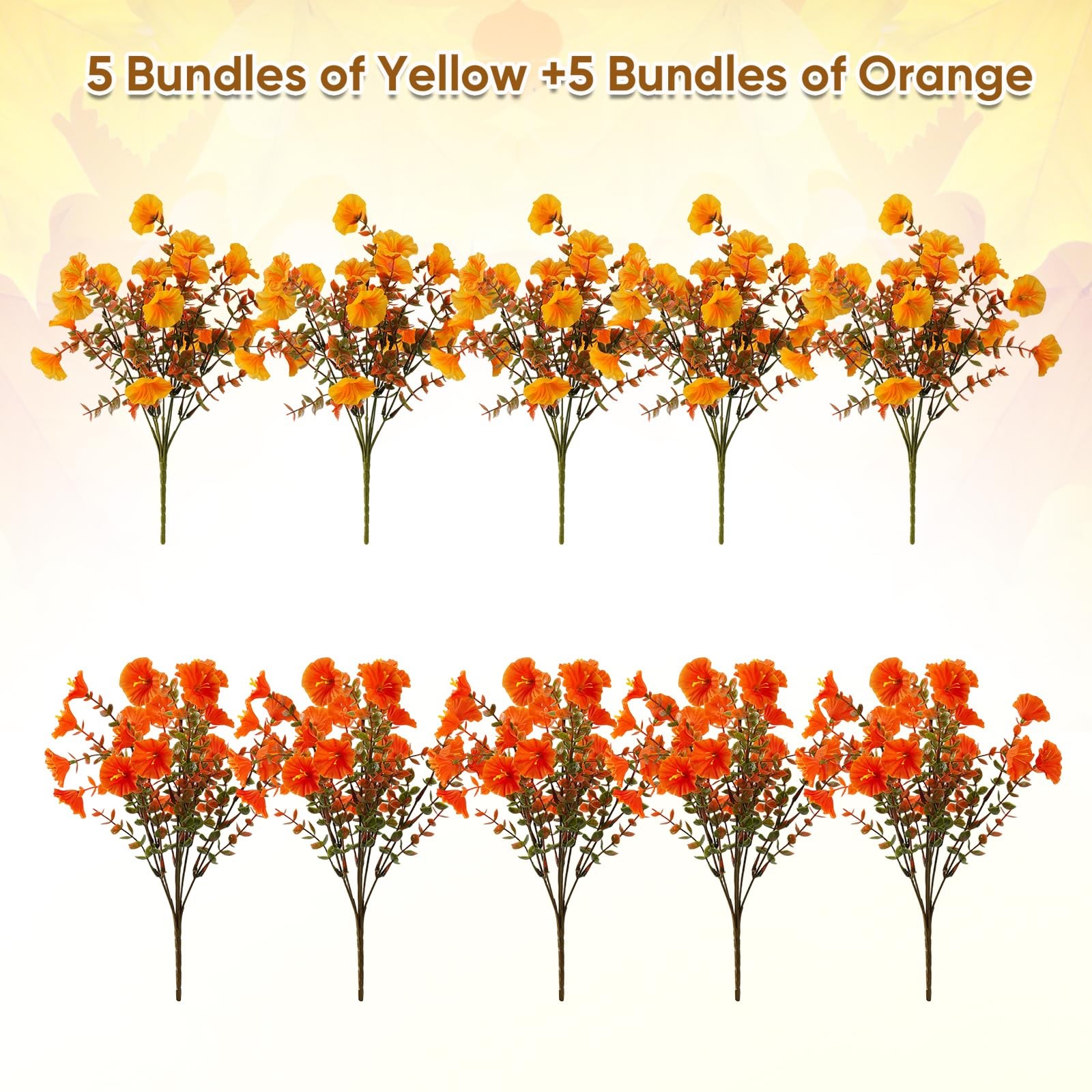 Artificial Fall Flowers for Outdoors, 10 Bundles Fake Faux Fall Orange Yellow