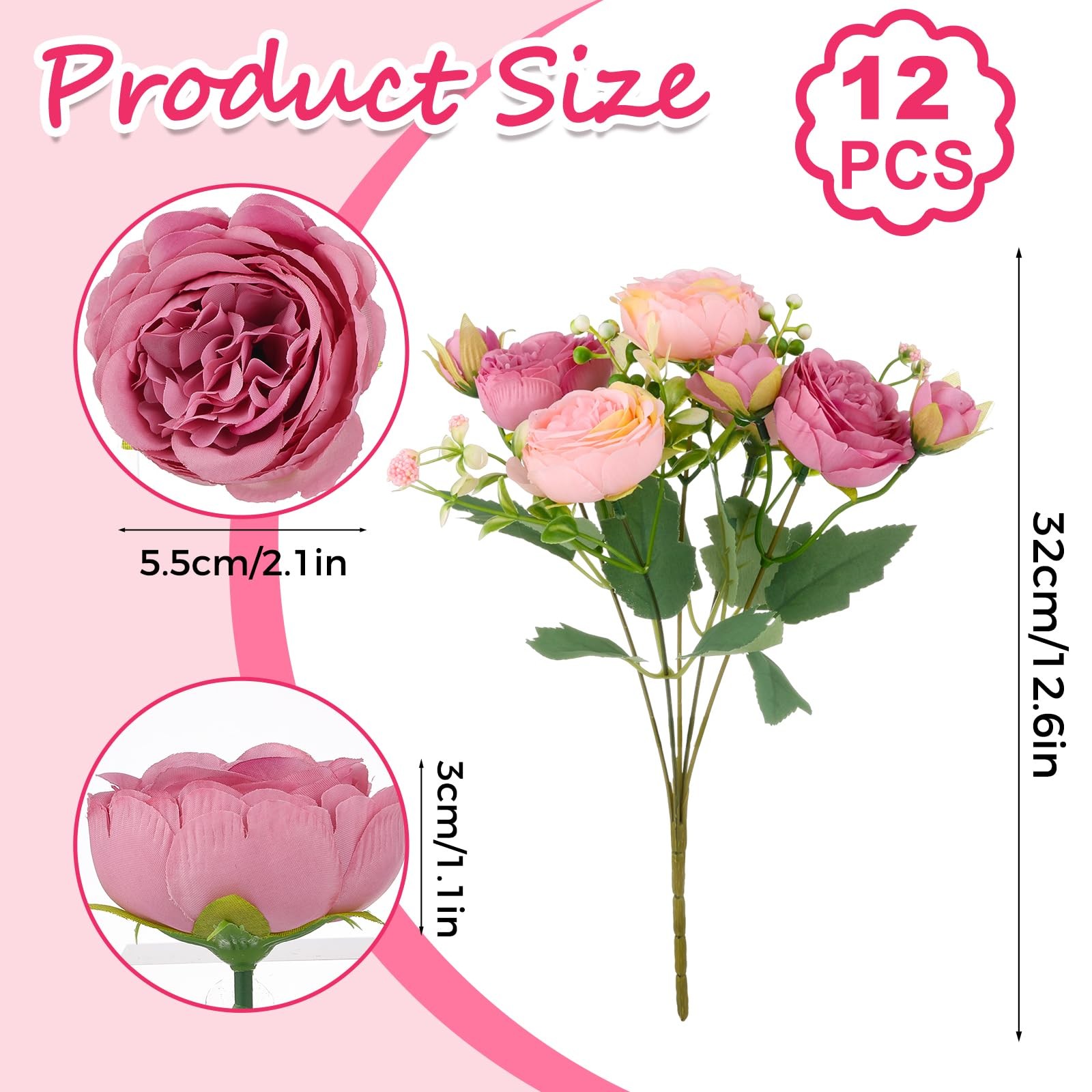 12 PCS Pink Artificial Peony Flowers Silk Fake Bridal Bouquet Home Centerpiece