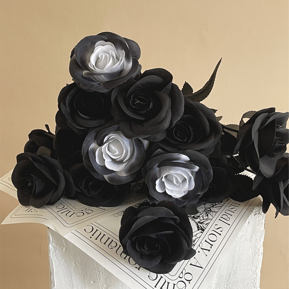 12pcs Artificial Flowers Black White Roses for Halloween Home Wedding Decor