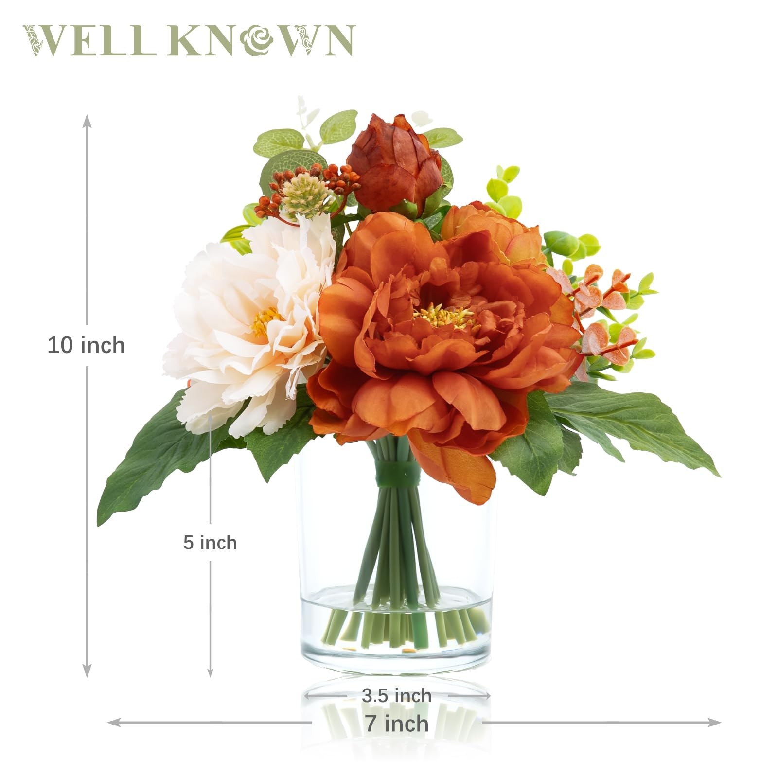 Artificial Flowers in Glass Vase with Fake Water, Burnt Orange & Champagne Si…