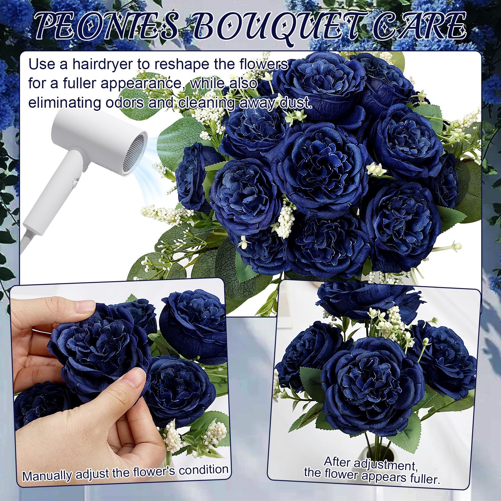 12 PCS Navy Blue Peonies Artificial Flowers Fake Silk Faux Eucalyptus Bouquet