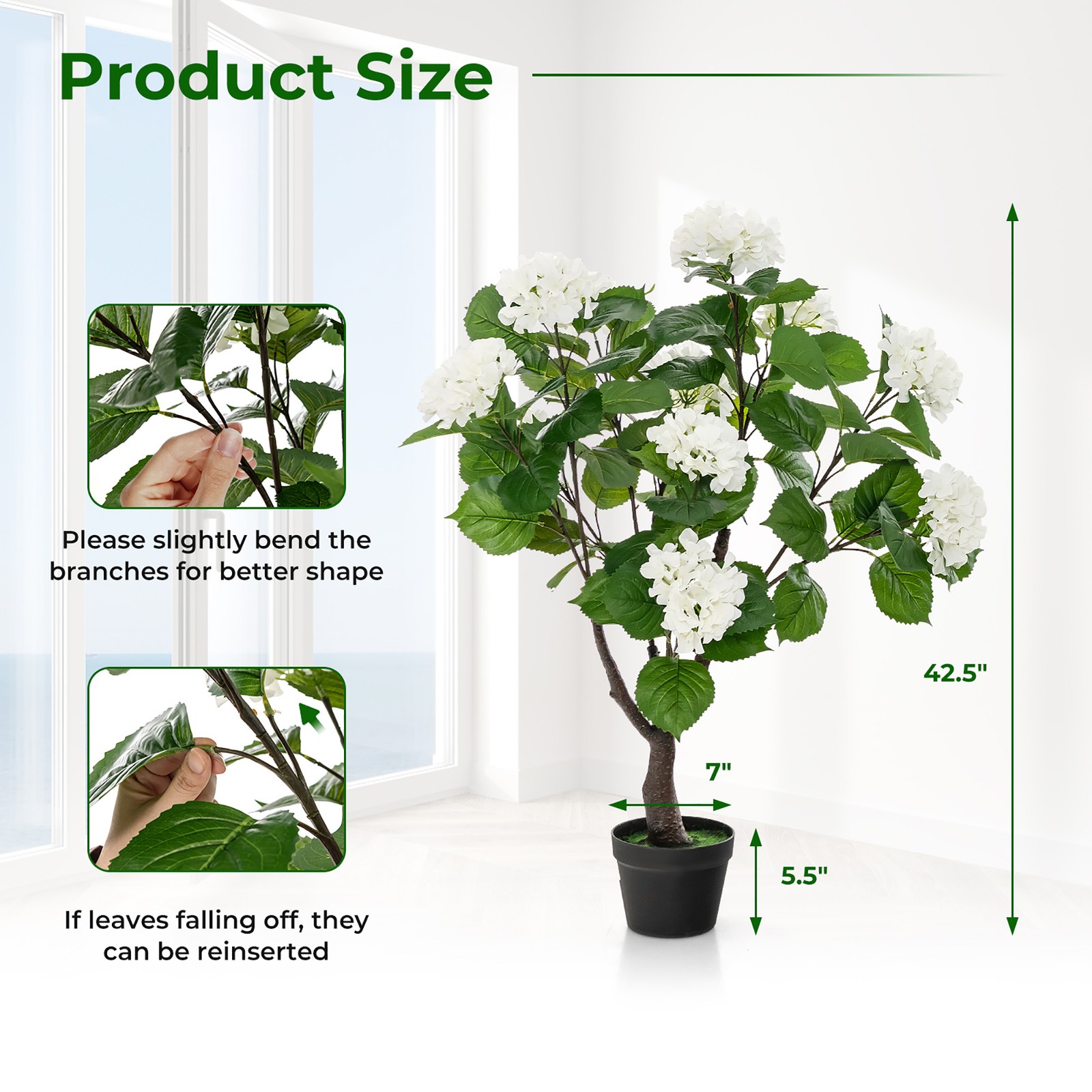 2 Pack Artificial Hydrangea Tree Fake Floral Plant w/ 11 White Flowers