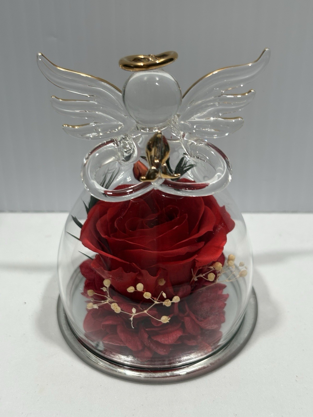 Glass Angel Flower Gifts Preserved Flower Red Rose in Figurines 3” Approx
