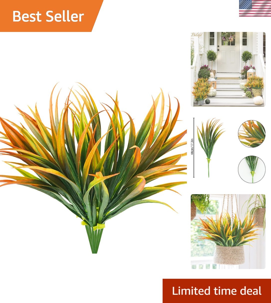 6-Pc UV Resistant Artificial Grass Plants – 17.3in Vibrant Yellow & Orange
