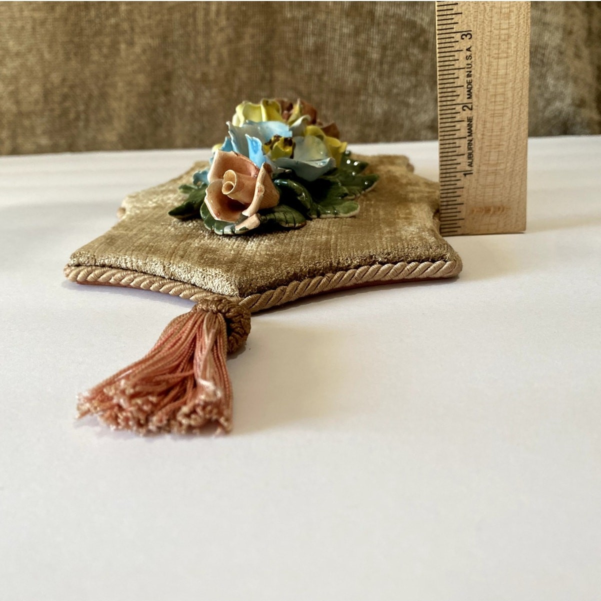 Capodimonte Floral Wall Plaque Porcelain Italy 1960s Velvet Back Tassel 12”