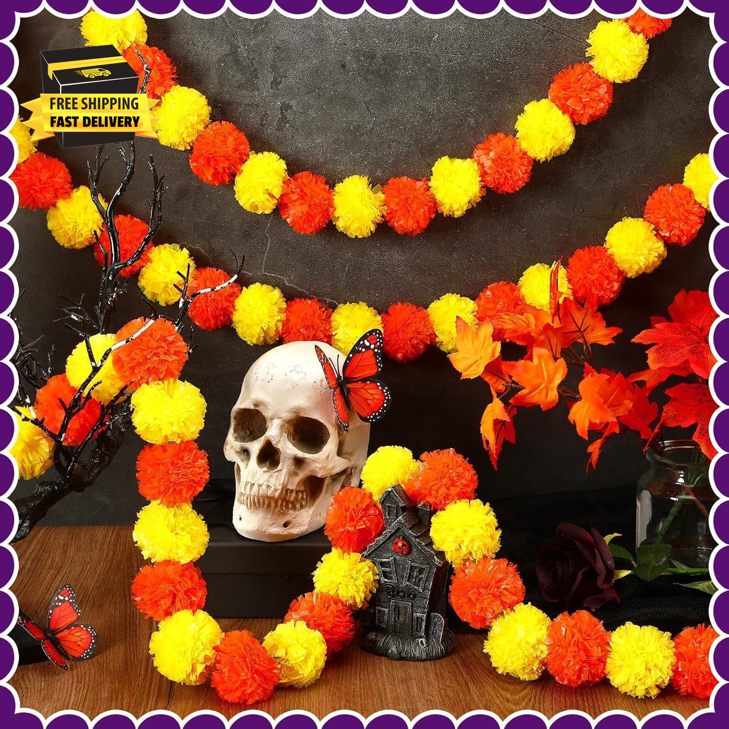 3 Pcs Marigold Garland for Decoration, 5 Feet Artificial Marigold Flowers Garlan