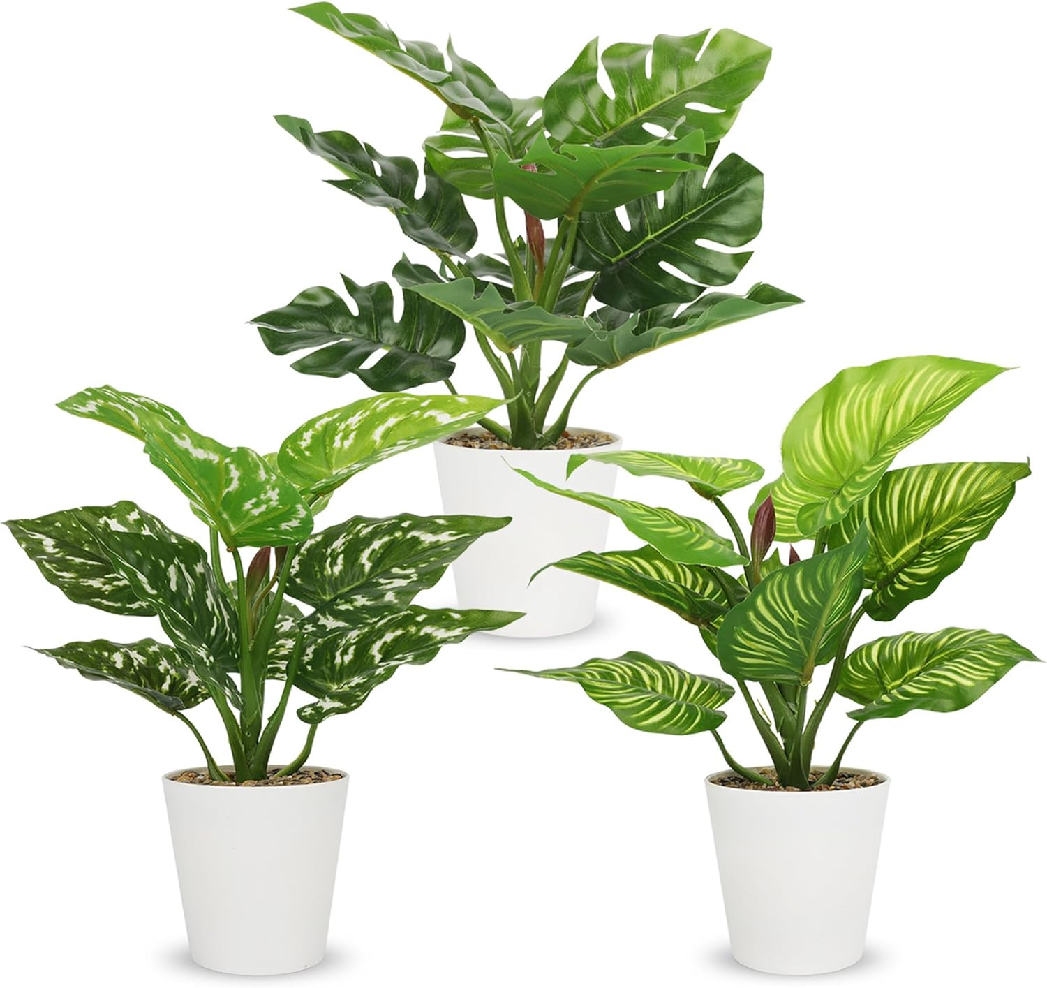 3 Pack Small Artificial Potted Plants for Home, Office Decor | Fake Tropical Gre