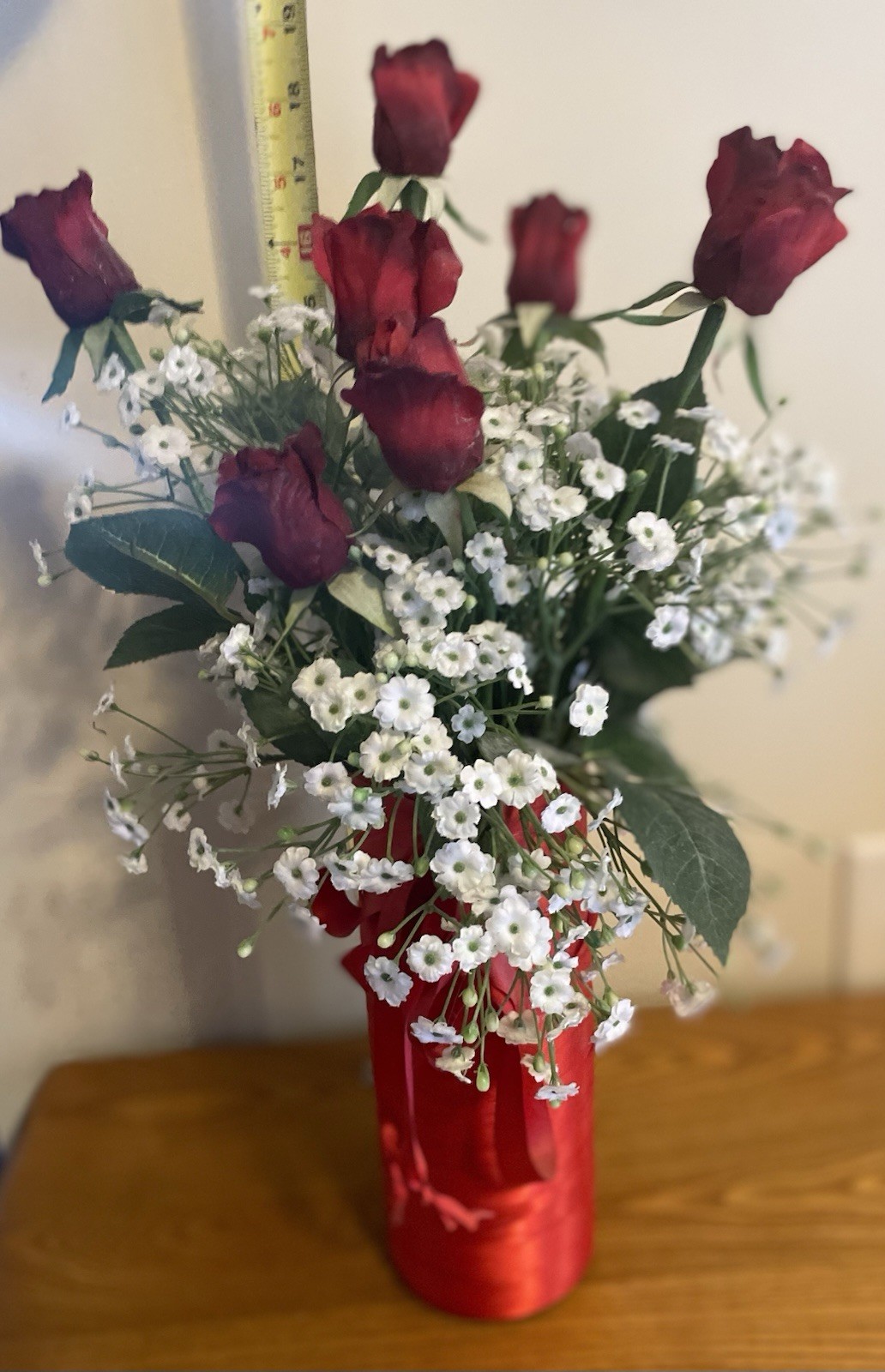 Silk Red Roses and Baby’s Breath Mothers Day Arrangement Glass Vase Red Ribbon