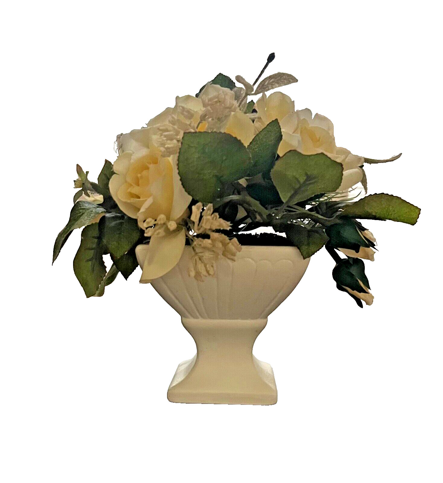 6 Silk Yellow Roses Faux Floral Ceramic Vase Home Accessory Gift Table Top