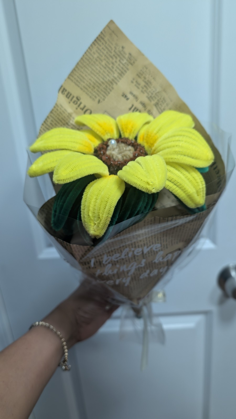 Artificial Sunflower Flower Bouquet Arrangement Yellow Green Brown Paper Wrap