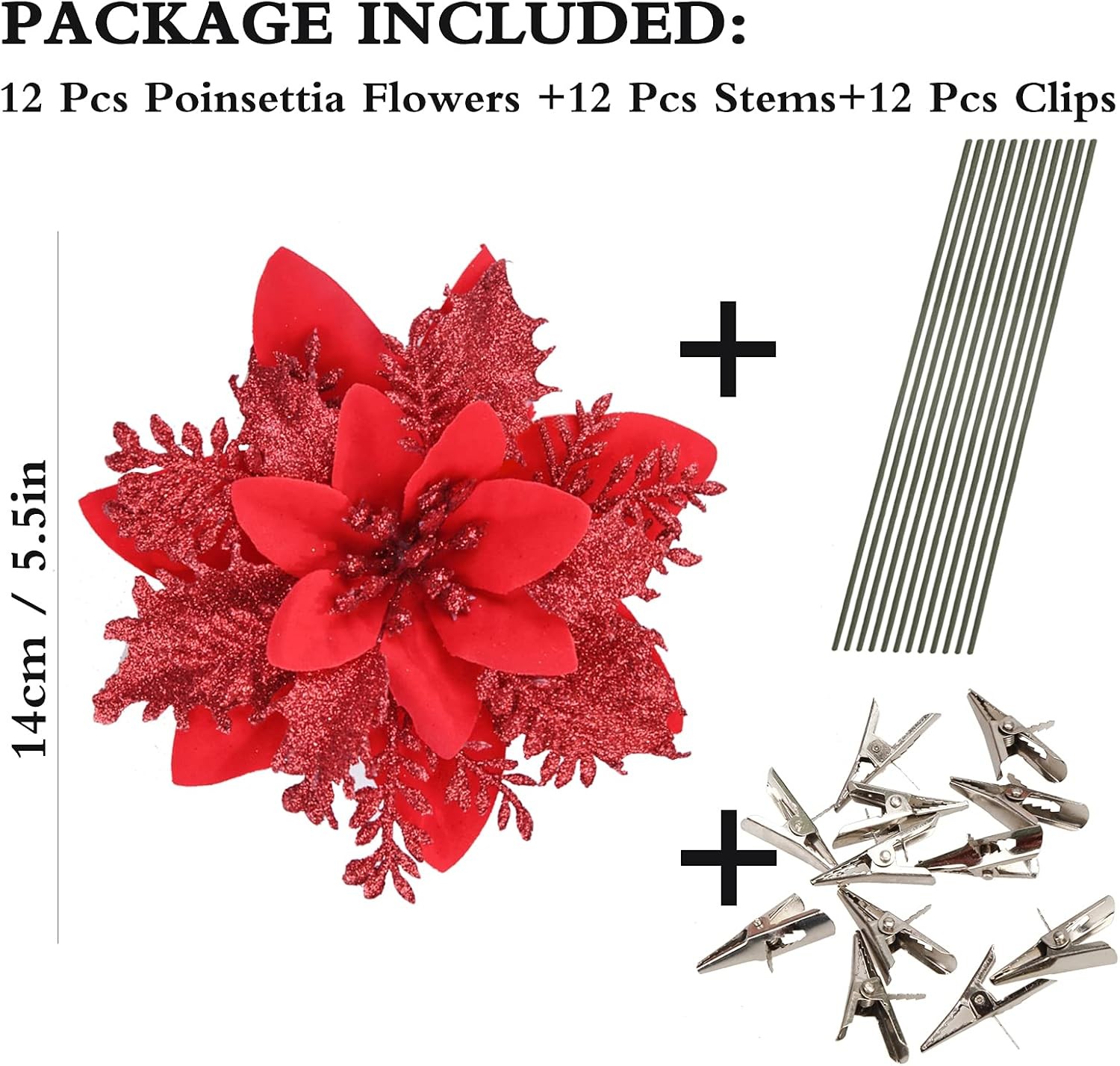 12 Pcs Glitter Poinsettia 5.5″ Artificial Flowers Christmas with Clips Stems …
