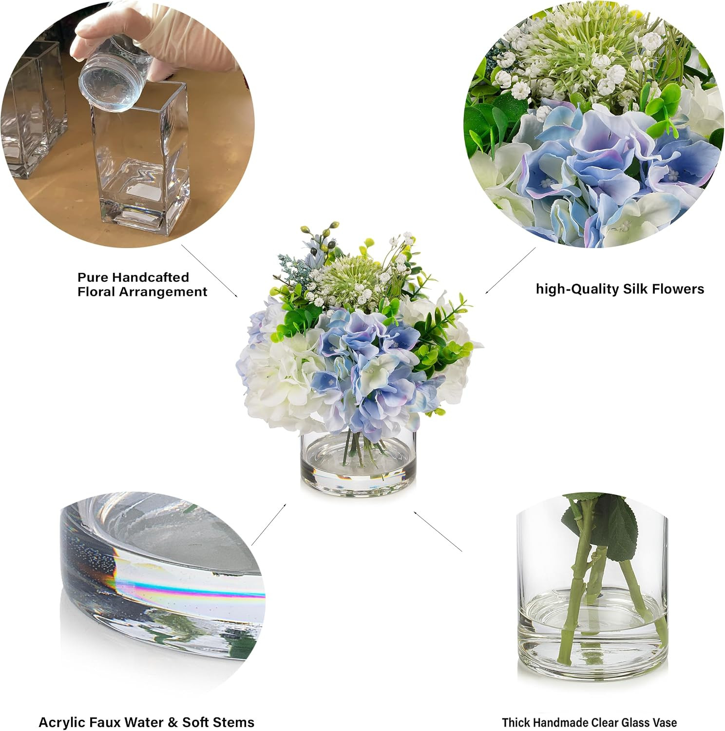 Artificial Hydrangea Flowers in Vase, Mixed White and Blue Silk Hydrangea in Vas