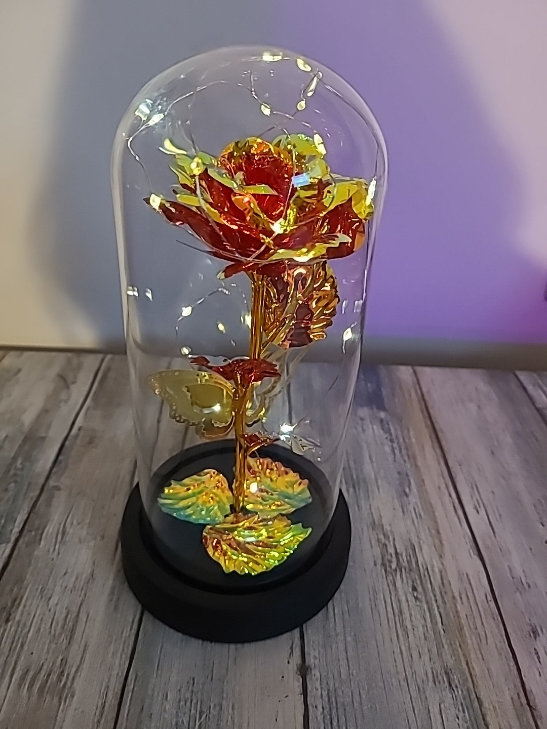 Light Up Rose In Glass With Butterfly And Rose Petals On The Bottom. Red/ Gold.