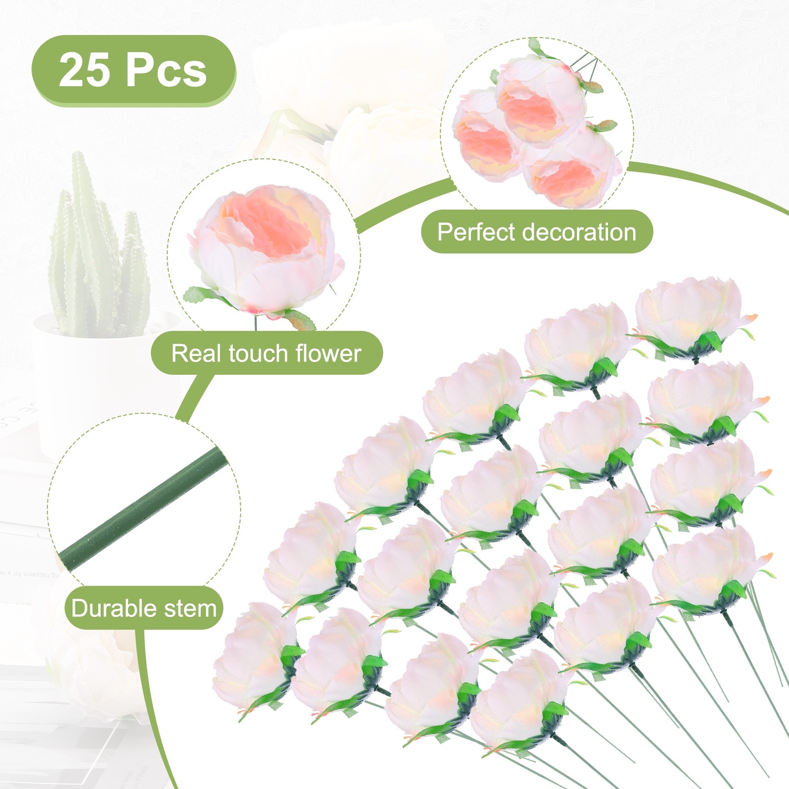 25Pcs Peonies Artificial Flowers Fake Peony Flowers with Stems Pink White