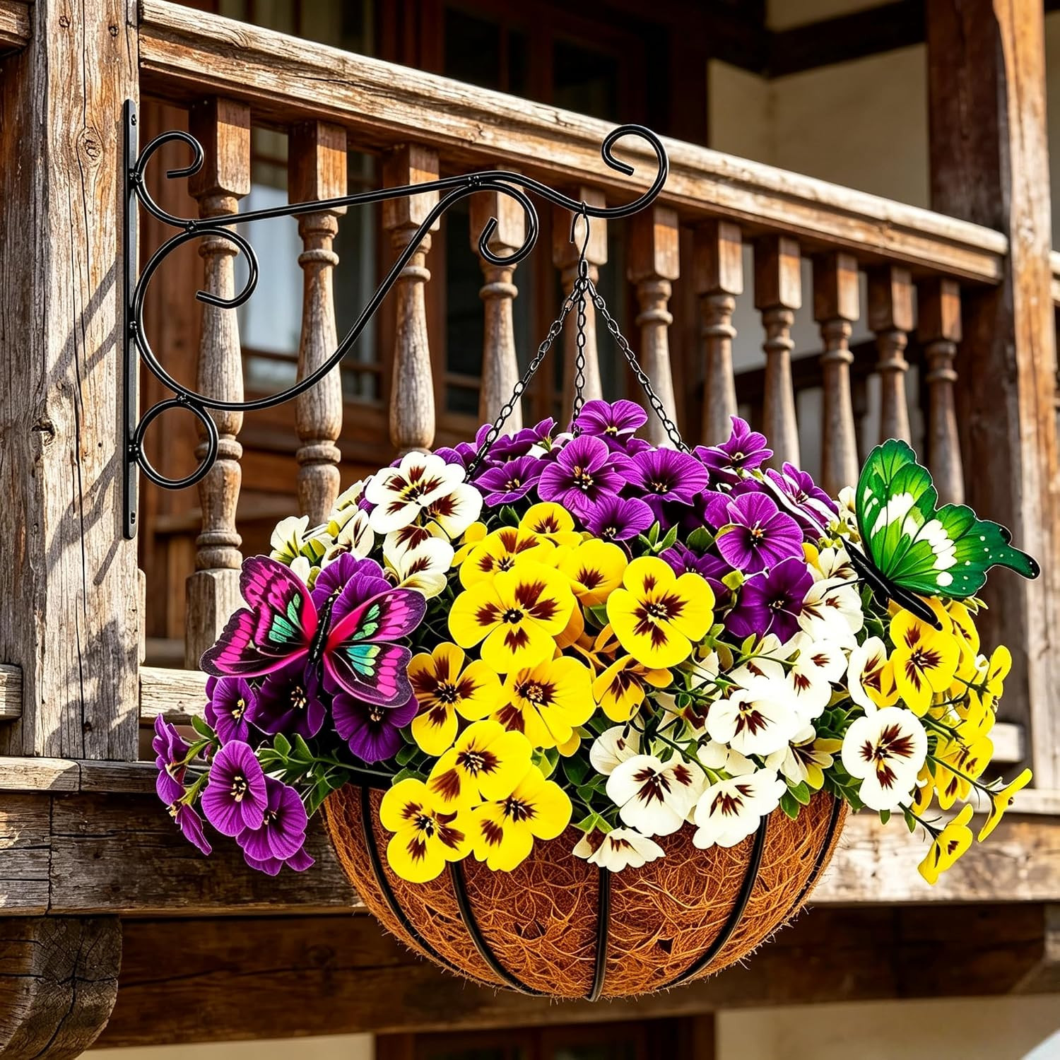 2 Sets Faux Pansy Hanging Baskets for Home & Garden – Yellow, Cream, Lavender