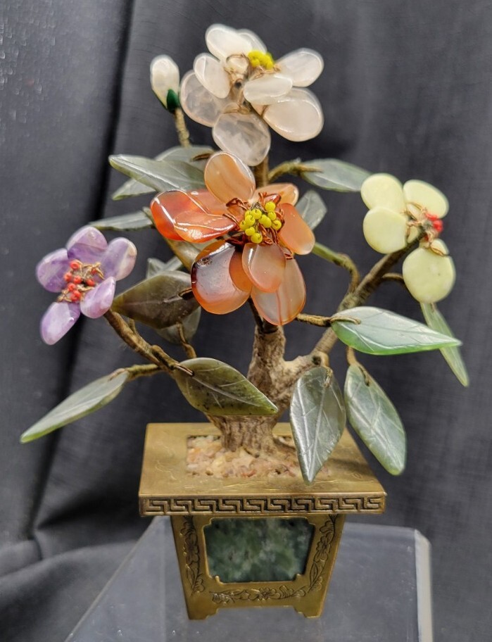 Vintage Carved Jade / Gemstone Bonsai Tree w/ Brass Base, MCM, Made in Hong Kong